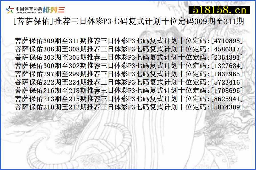 [菩萨保佑]推荐三日体彩P3七码复式计划十位定码309期至311期