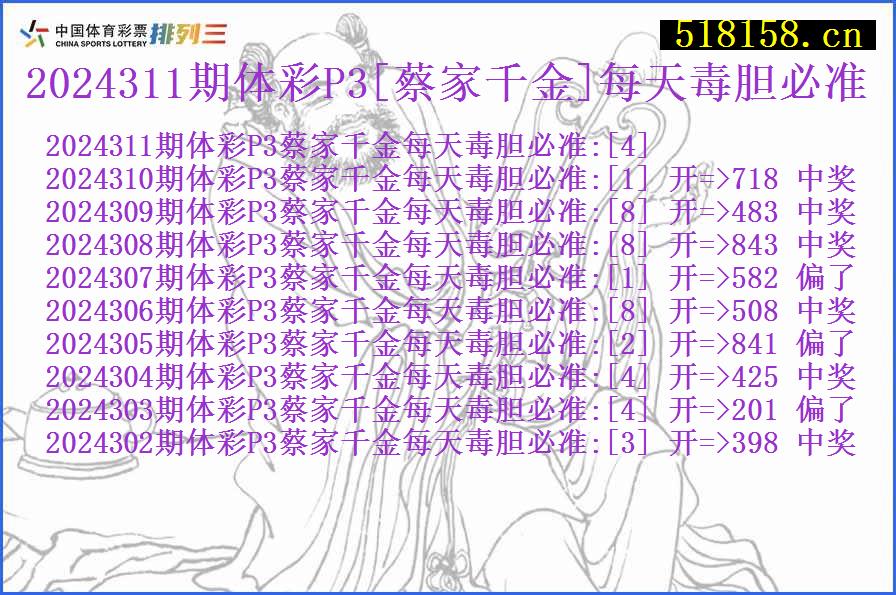 2024311期体彩P3[蔡家千金]每天毒胆必准