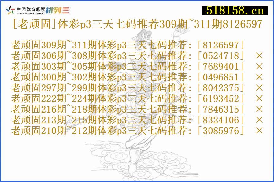 [老顽固]体彩p3三天七码推荐309期~311期8126597