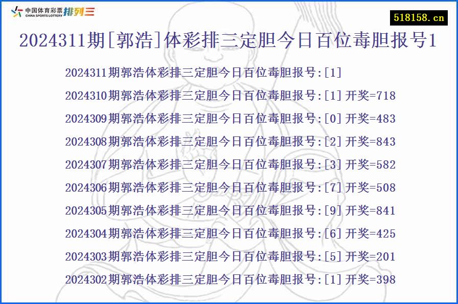 2024311期[郭浩]体彩排三定胆今日百位毒胆报号1