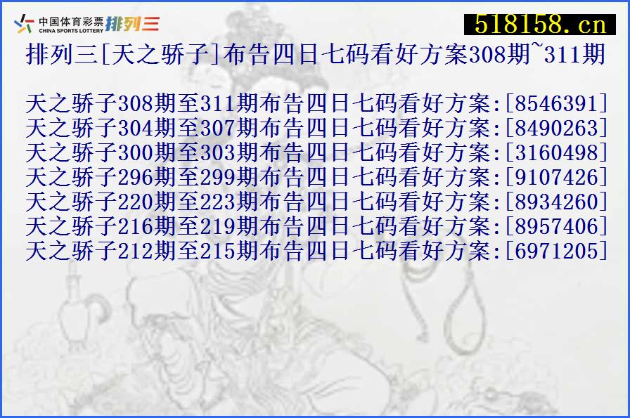 排列三[天之骄子]布告四日七码看好方案308期~311期