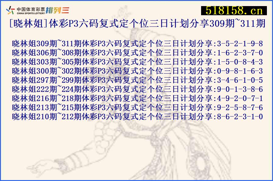 [晓林姐]体彩P3六码复式定个位三日计划分享309期~311期