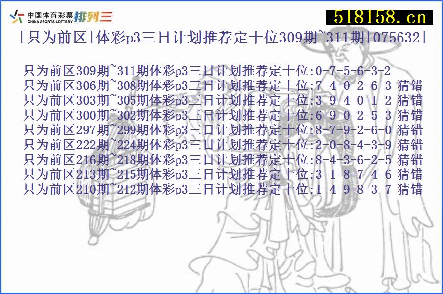 [只为前区]体彩p3三日计划推荐定十位309期~311期[075632]