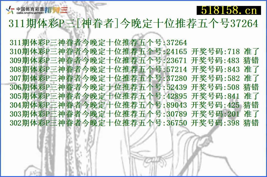 311期体彩P三[神眷者]今晚定十位推荐五个号37264