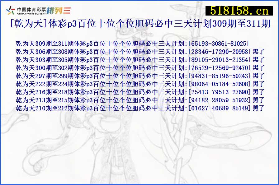 [乾为天]体彩p3百位十位个位胆码必中三天计划309期至311期