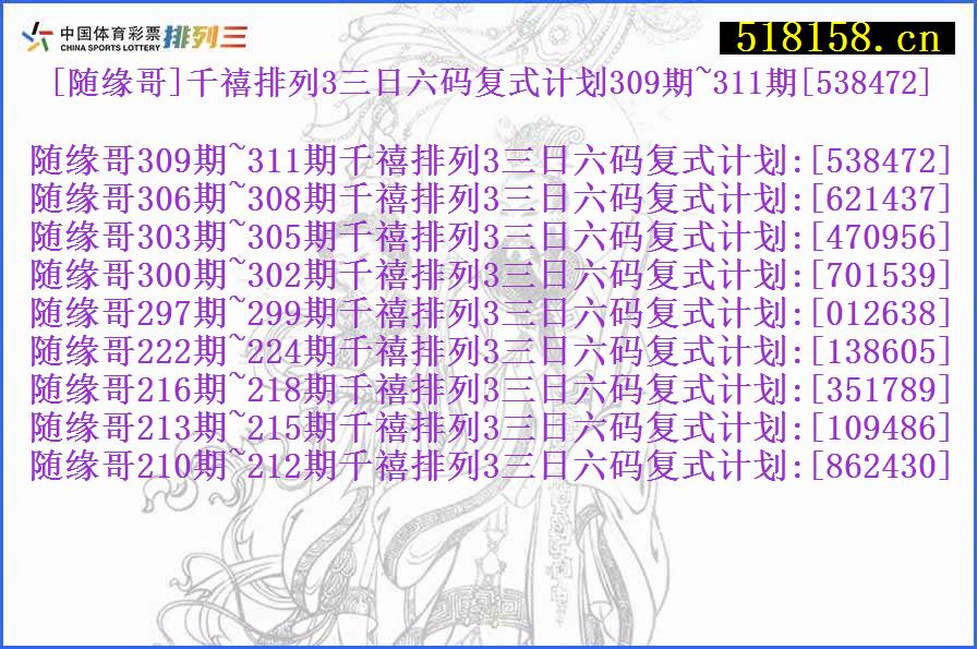 [随缘哥]千禧排列3三日六码复式计划309期~311期[538472]