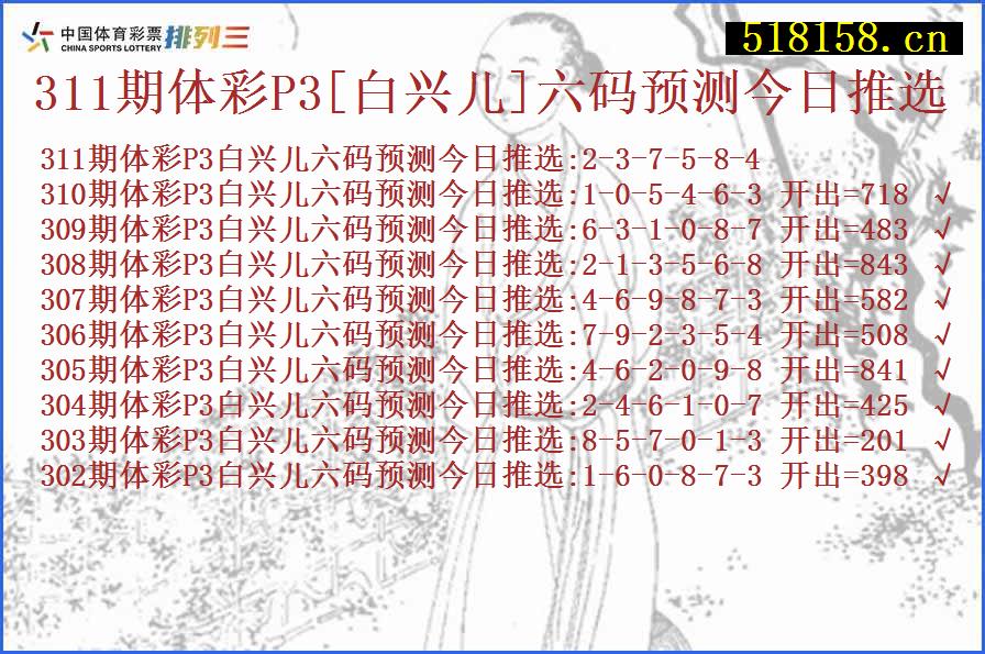 311期体彩P3[白兴儿]六码预测今日推选