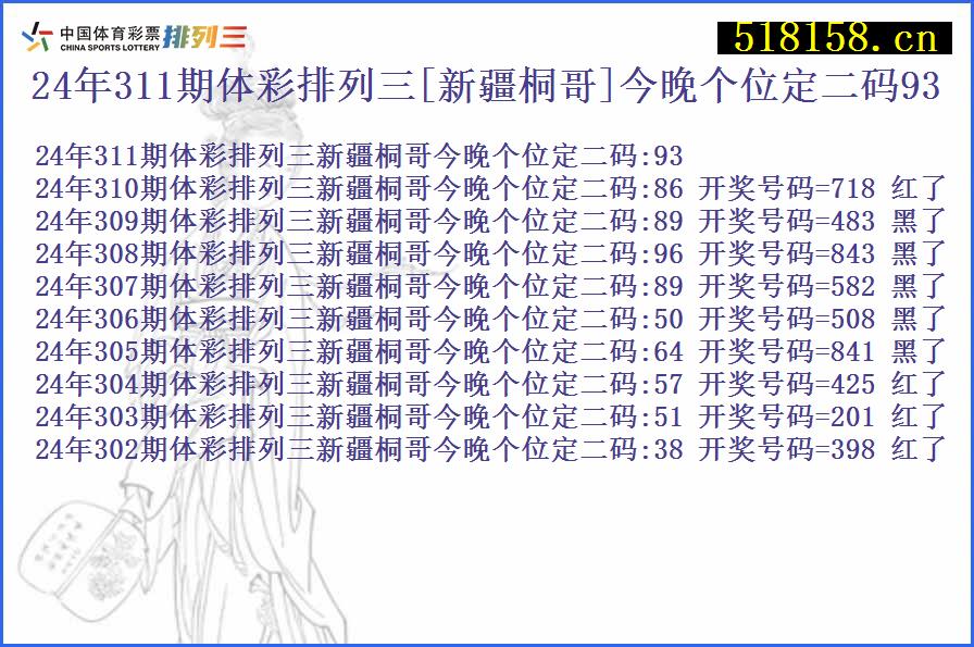 24年311期体彩排列三[新疆桐哥]今晚个位定二码93