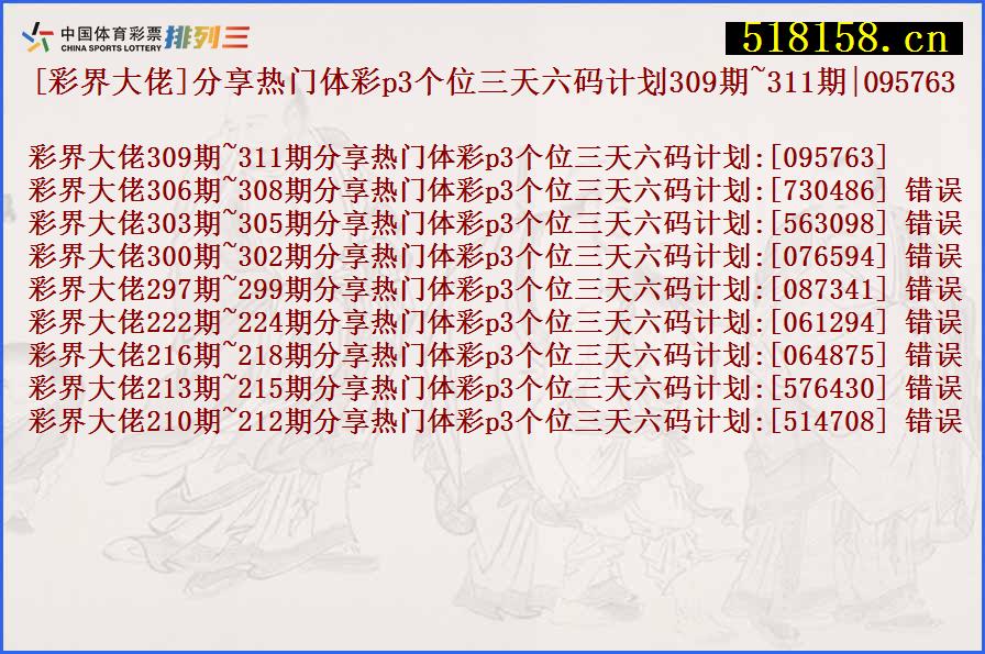 [彩界大佬]分享热门体彩p3个位三天六码计划309期~311期|095763