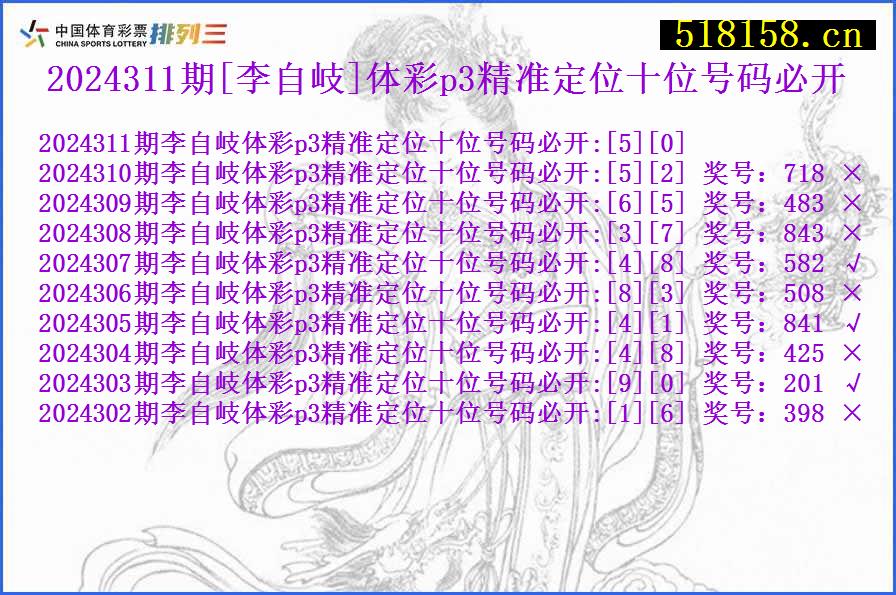 2024311期[李自岐]体彩p3精准定位十位号码必开