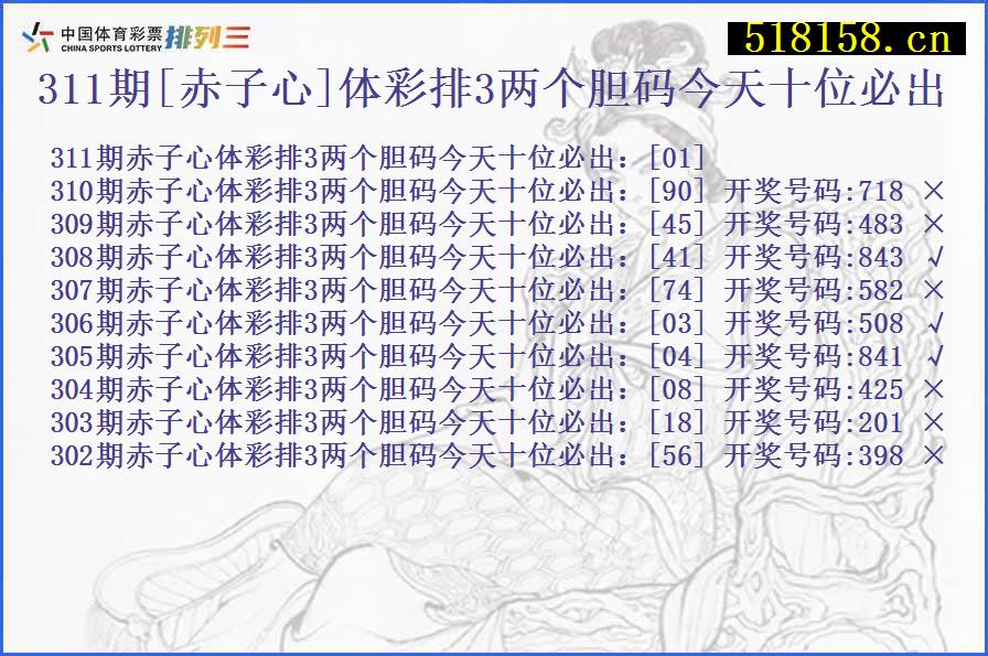 311期[赤子心]体彩排3两个胆码今天十位必出