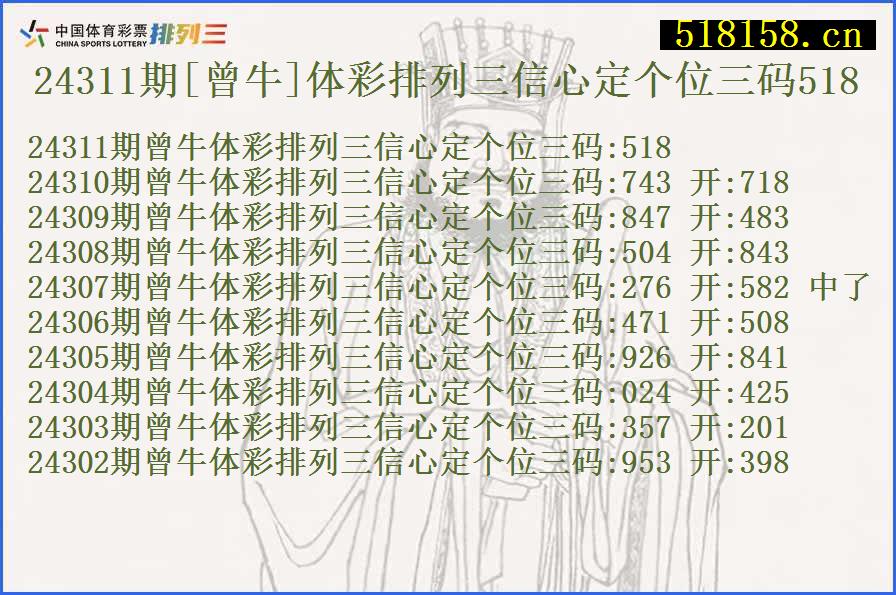 24311期[曾牛]体彩排列三信心定个位三码518