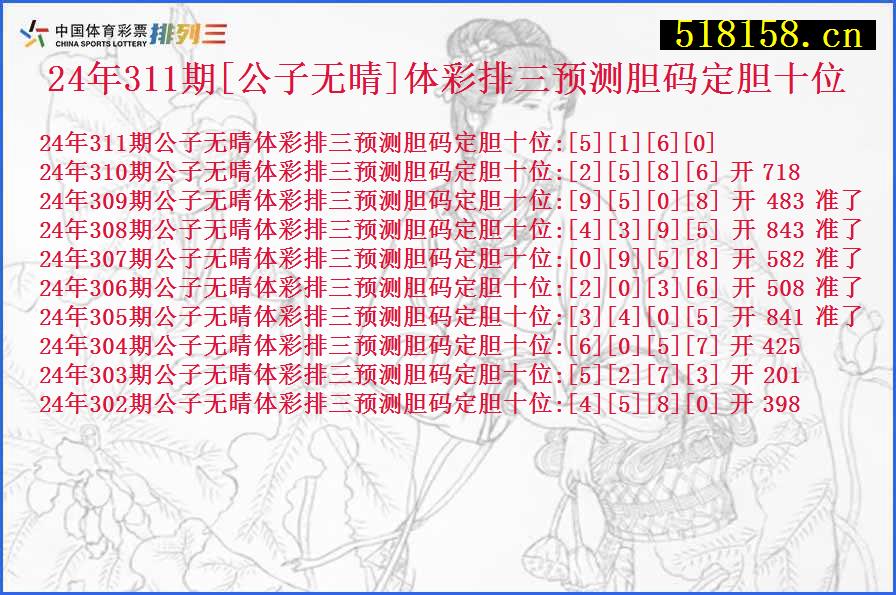 24年311期[公子无晴]体彩排三预测胆码定胆十位