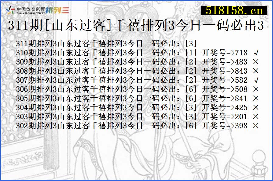 311期[山东过客]千禧排列3今日一码必出3