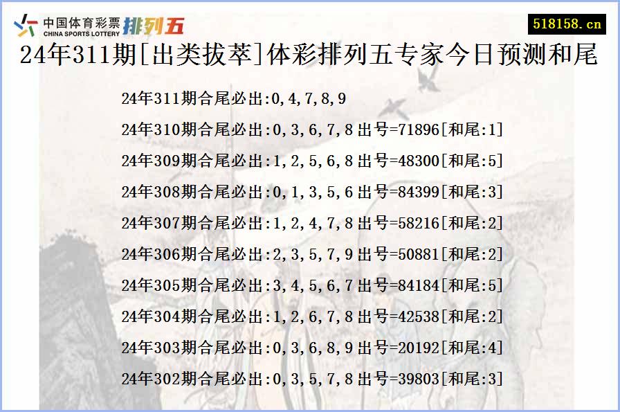 24年311期[出类拔萃]体彩排列五专家今日预测和尾