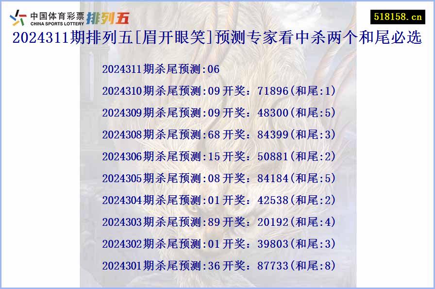 2024311期排列五[眉开眼笑]预测专家看中杀两个和尾必选