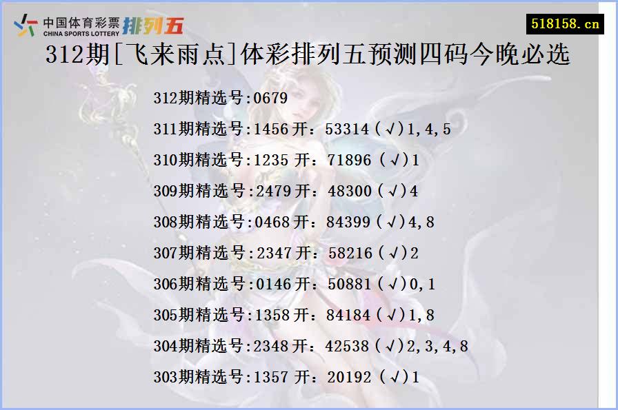 312期[飞来雨点]体彩排列五预测四码今晚必选