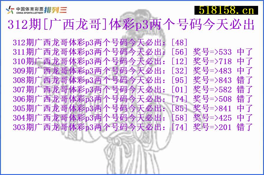 312期[广西龙哥]体彩p3两个号码今天必出