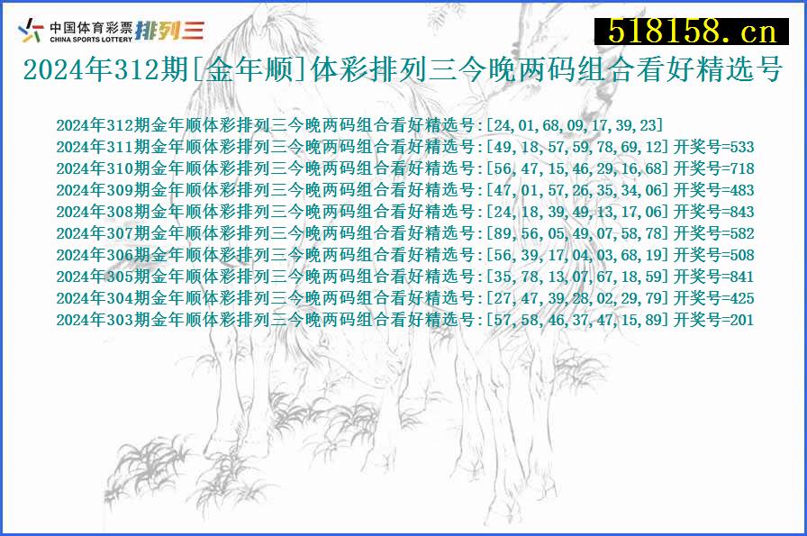 2024年312期[金年顺]体彩排列三今晚两码组合看好精选号