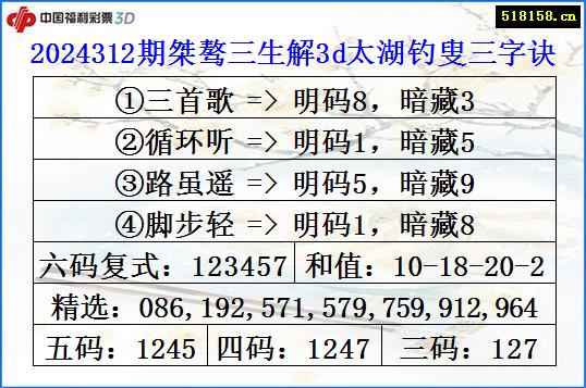 2024312期桀骜三生解3d太湖钓叟三字诀