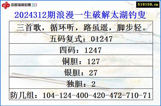 2024312期浪漫一生破解太湖钓叟