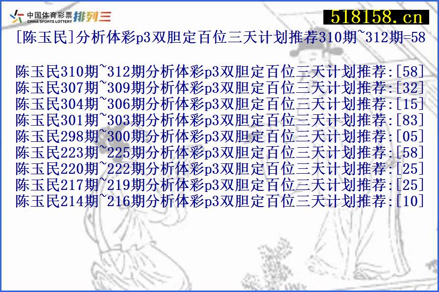 [陈玉民]分析体彩p3双胆定百位三天计划推荐310期~312期=58