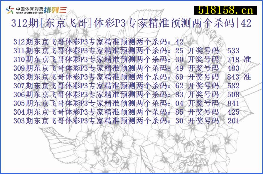 312期[东京飞哥]体彩P3专家精准预测两个杀码|42