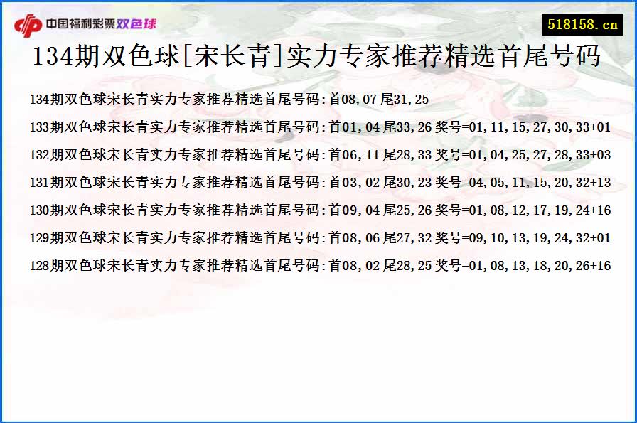 134期双色球[宋长青]实力专家推荐精选首尾号码