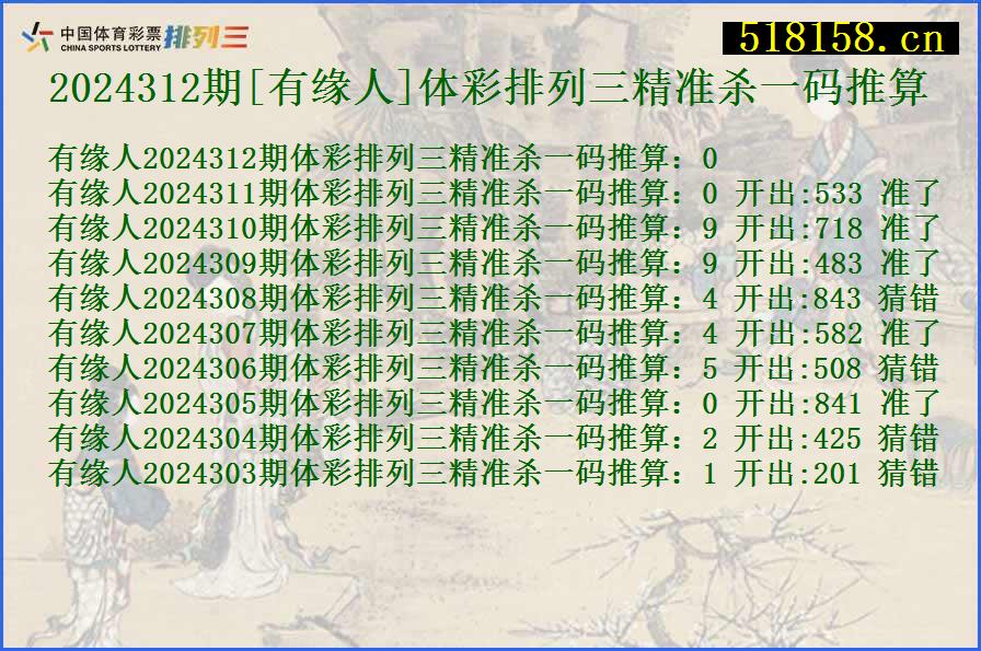 2024312期[有缘人]体彩排列三精准杀一码推算