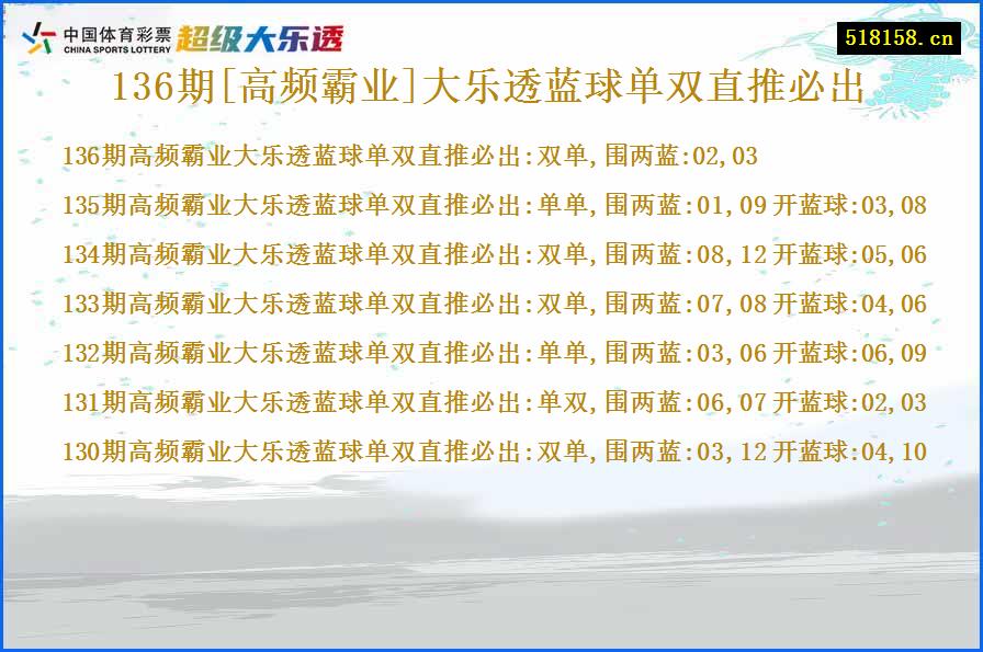 136期[高频霸业]大乐透蓝球单双直推必出