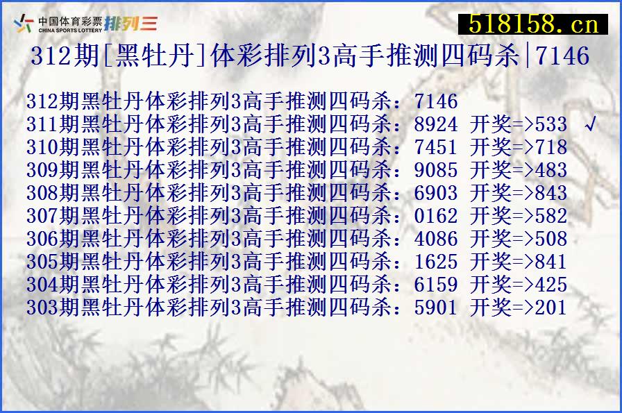 312期[黑牡丹]体彩排列3高手推测四码杀|7146