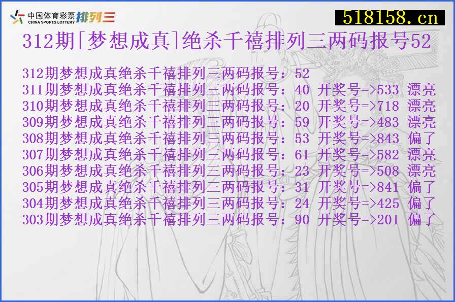 312期[梦想成真]绝杀千禧排列三两码报号52