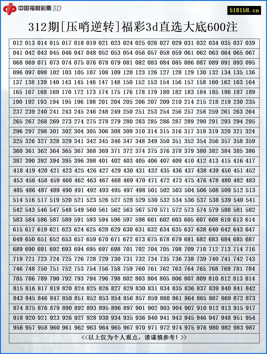 312期[压哨逆转]福彩3d直选大底600注