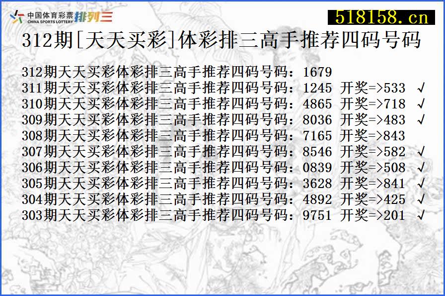 312期[天天买彩]体彩排三高手推荐四码号码