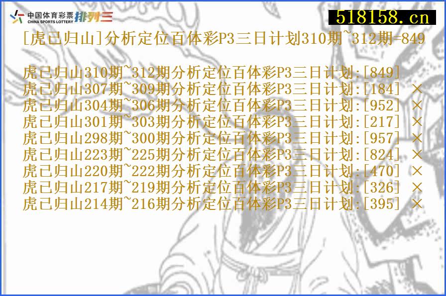 [虎已归山]分析定位百体彩P3三日计划310期~312期=849