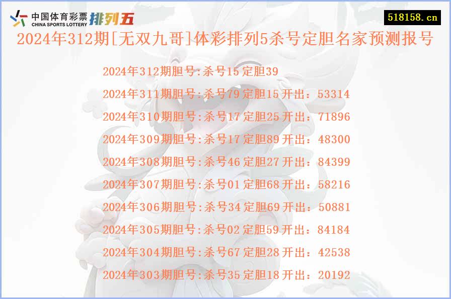 2024年312期[无双九哥]体彩排列5杀号定胆名家预测报号