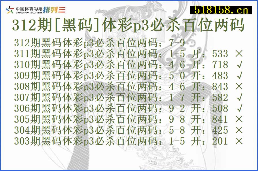 312期[黑码]体彩p3必杀百位两码