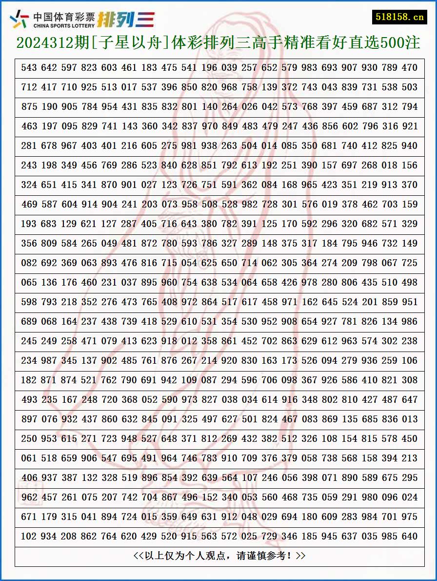 2024312期[子星以舟]体彩排列三高手精准看好直选500注