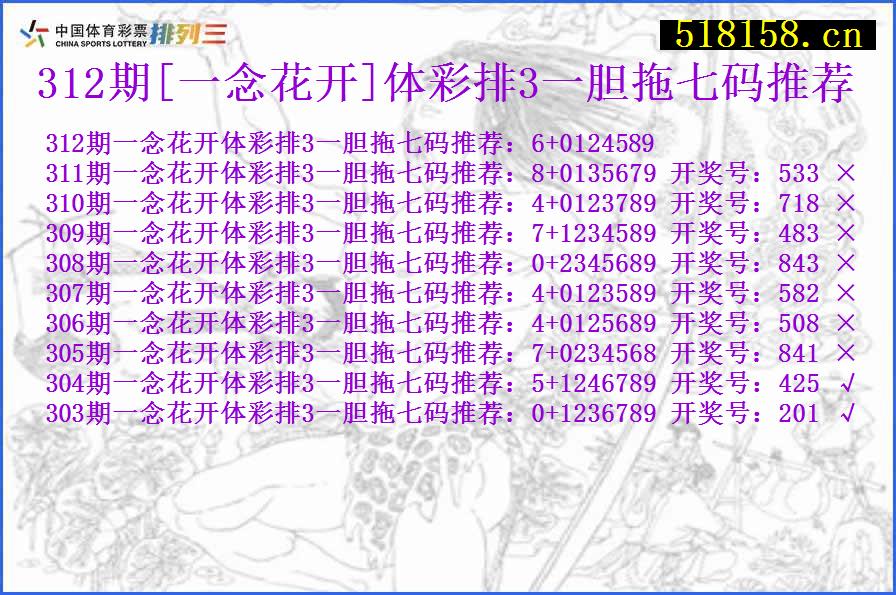 312期[一念花开]体彩排3一胆拖七码推荐