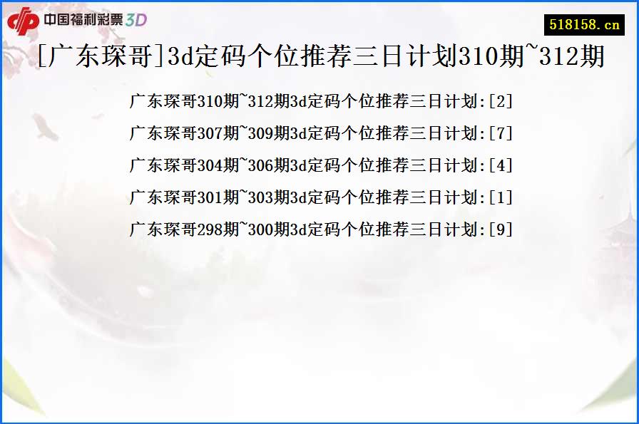 [广东琛哥]3d定码个位推荐三日计划310期~312期