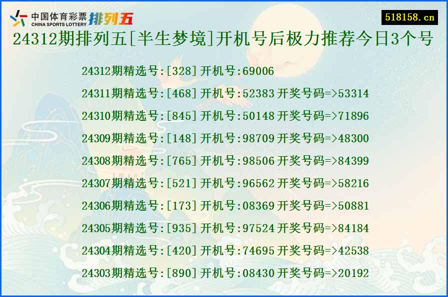 24312期排列五[半生梦境]开机号后极力推荐今日3个号