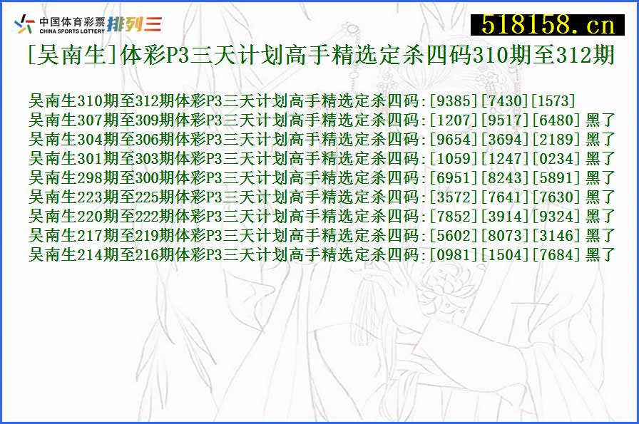 [吴南生]体彩P3三天计划高手精选定杀四码310期至312期