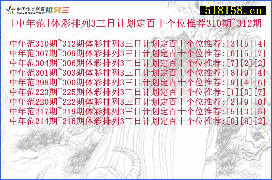 [中年范]体彩排列3三日计划定百十个位推荐310期~312期