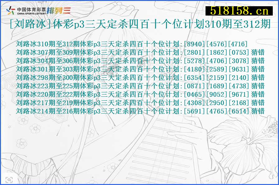 [刘路冰]体彩p3三天定杀四百十个位计划310期至312期