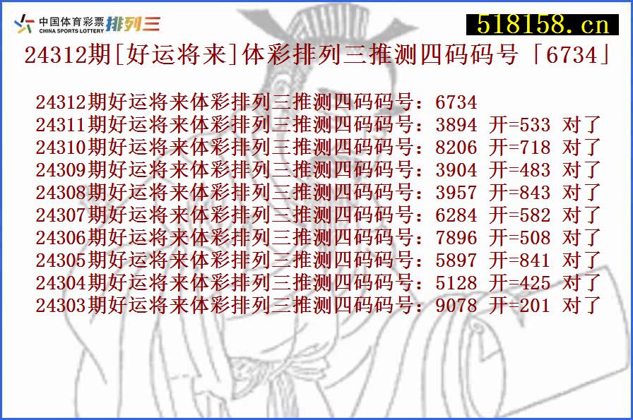 24312期[好运将来]体彩排列三推测四码码号「6734」