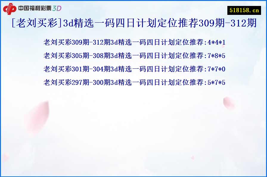 [老刘买彩]3d精选一码四日计划定位推荐309期-312期