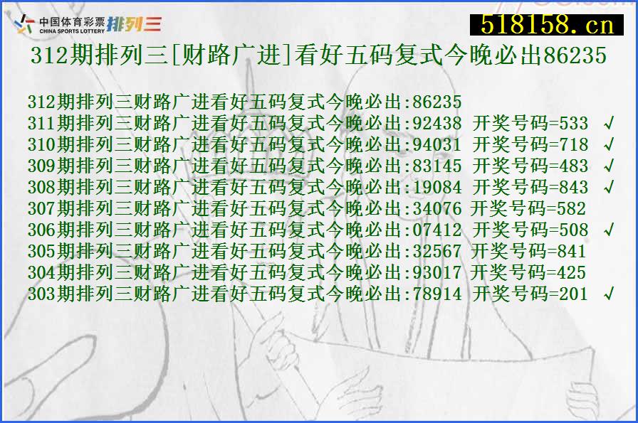 312期排列三[财路广进]看好五码复式今晚必出86235