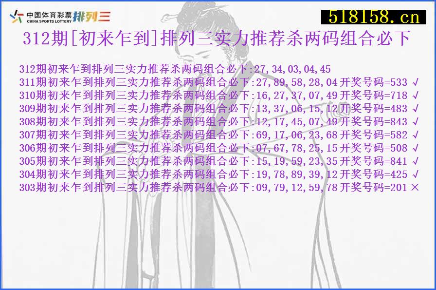 312期[初来乍到]排列三实力推荐杀两码组合必下