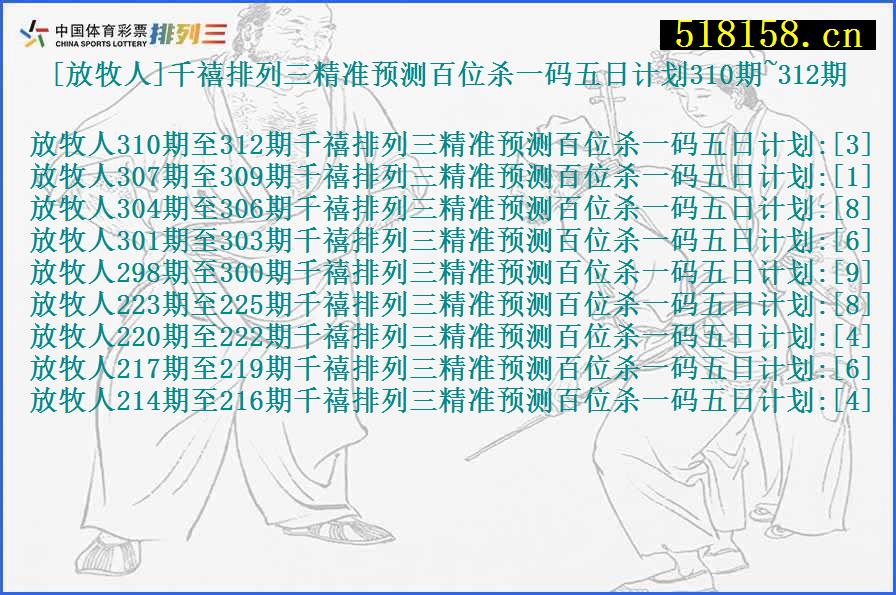 [放牧人]千禧排列三精准预测百位杀一码五日计划310期~312期