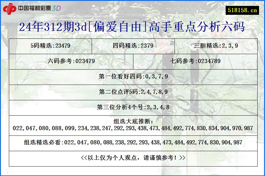 24年312期3d[偏爱自由]高手重点分析六码